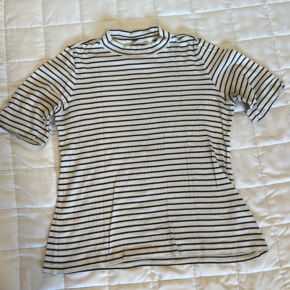 Uniqlo black and white striped shirt with high collar